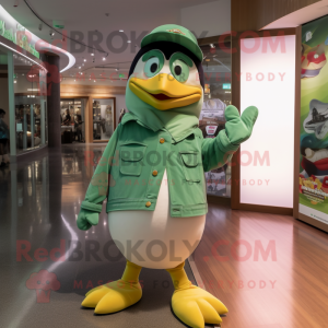 Green Penguin mascot costume character dressed with a Bootcut Jeans and Watches