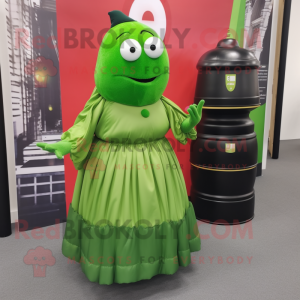 Lime Green Grenade mascot costume character dressed with a Maxi Skirt and Lapel pins