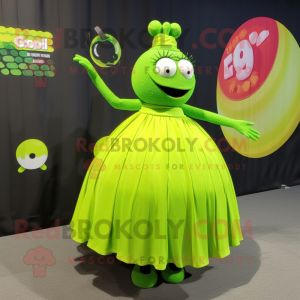 Lime Green Grenade mascot costume character dressed with a Maxi Skirt and Lapel pins