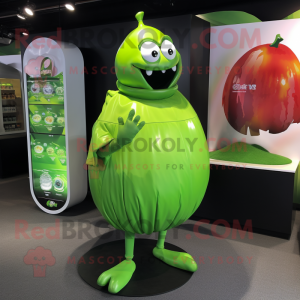 Lime Green Grenade mascot costume character dressed with a Maxi Skirt and Lapel pins