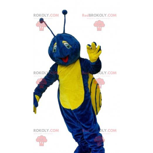 Mascotte lumaca blu e gialla, costume colorato da insetti -