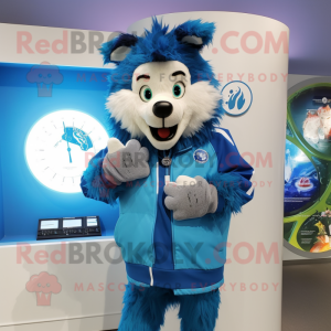Blue Shepard'S Pie mascot costume character dressed with a Windbreaker and Bracelet watches