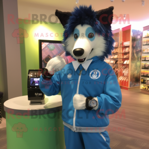 Blue Shepard'S Pie mascot costume character dressed with a Windbreaker and Bracelet watches