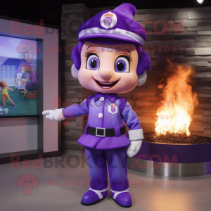 Purple Fire Fighter mascot costume character dressed with a Pencil Skirt and Bow ties