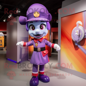 Purple Fire Fighter mascot costume character dressed with a Pencil Skirt and Bow ties