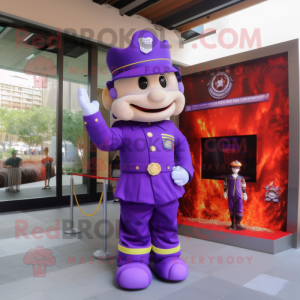 Purple Fire Fighter mascot costume character dressed with a Pencil Skirt and Bow ties