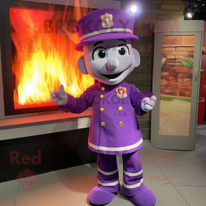 Purple Fire Fighter mascot costume character dressed with a Pencil Skirt and Bow ties