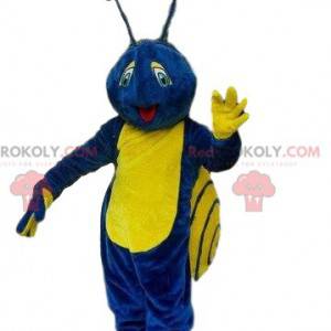 Mascote caracol azul e amarelo, fantasia colorida de inseto -