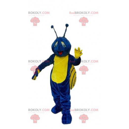 Blue and yellow snail mascot, colorful insect costume -