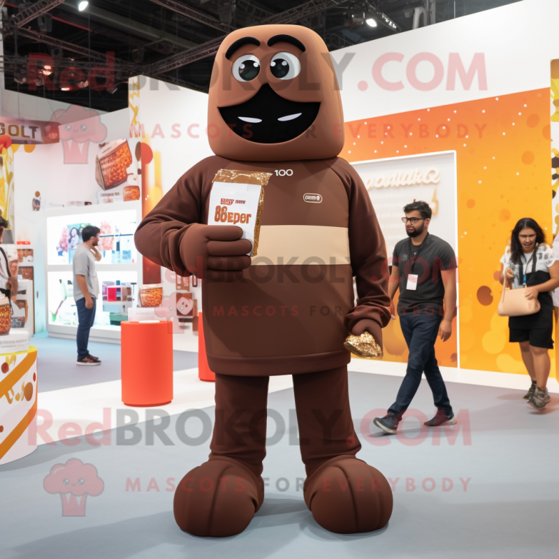 Brown Chocolate Bar mascot costume character dressed with a Polo Tee and Smartwatches