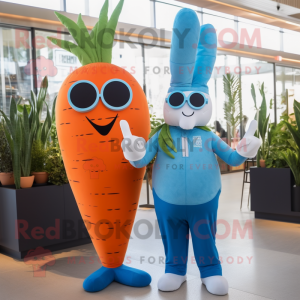 Turquoise Carrot mascot costume character dressed with a Mom Jeans and Sunglasses
