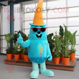 Turquoise Carrot mascot costume character dressed with a Mom Jeans and Sunglasses