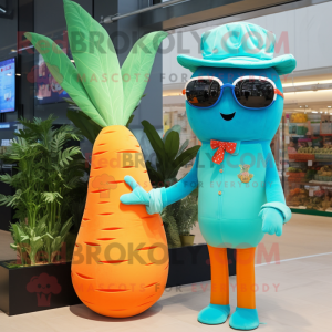 Turquoise Carrot mascot costume character dressed with a Mom Jeans and Sunglasses