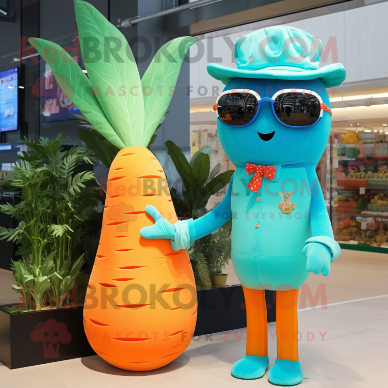Turquoise Carrot mascot costume character dressed with a Mom Jeans and Sunglasses Turquoise Carrot mascot costume character dressed with a Mom Jeans and Sunglasses