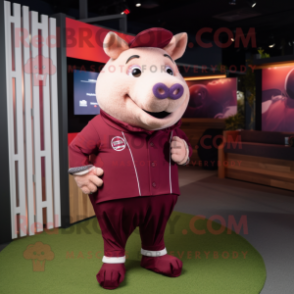 Maroon Pig mascot costume character dressed with a Romper and Lapel pins