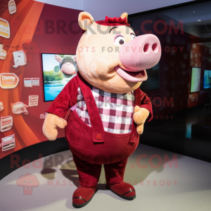 Maroon Pig mascot costume character dressed with a Romper and Lapel pins