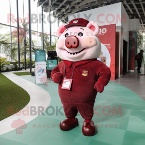Maroon Pig mascot costume character dressed with a Romper and Lapel pins