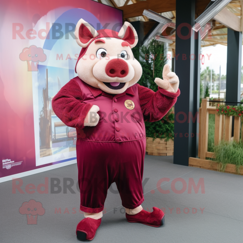 Maroon Pig mascot costume character dressed with a Romper and Lapel pins