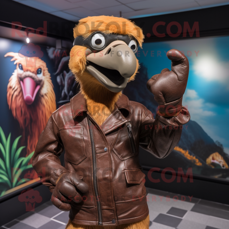 Brown Dodo Bird mascot costume character dressed with a Leather Jacket and Gloves Brown Dodo Bird mascot costume character dressed with a Leather Jacket and Gloves