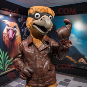 Brown Dodo Bird mascot costume character dressed with a Leather Jacket and Gloves