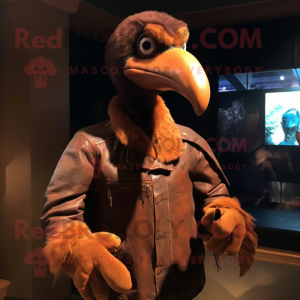 Brown Dodo Bird mascot costume character dressed with a Leather Jacket and Gloves
