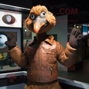 Brown Dodo Bird mascot costume character dressed with a Leather Jacket and Gloves