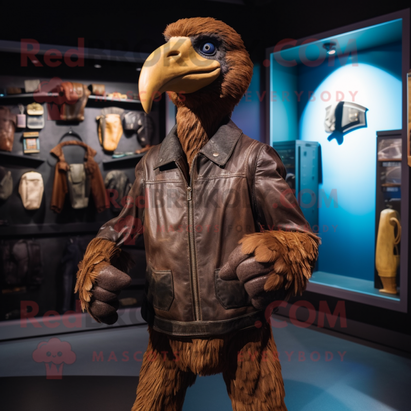 Brown Dodo Bird mascot costume character dressed with a Leather Jacket and Gloves