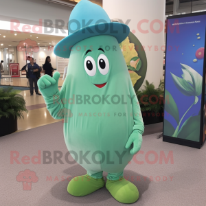 Sky Blue Green Bean mascot costume character dressed with a Romper and Hat pins