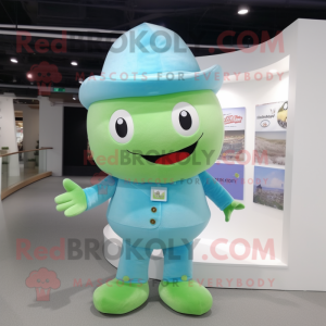 Sky Blue Green Bean mascot costume character dressed with a Romper and Hat pins