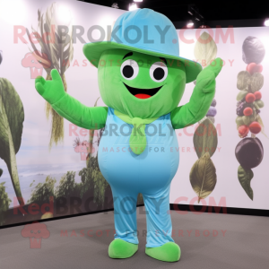 Sky Blue Green Bean mascot costume character dressed with a Romper and Hat pins