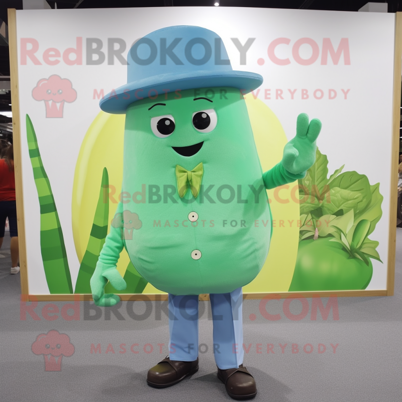 Sky Blue Green Bean mascot costume character dressed with a Romper and Hat pins