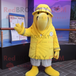 Lemon Yellow Walrus mascot costume character dressed with a Vest and Pocket squares
