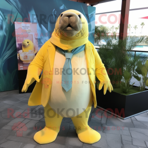 Lemon Yellow Walrus mascot costume character dressed with a Vest and Pocket squares