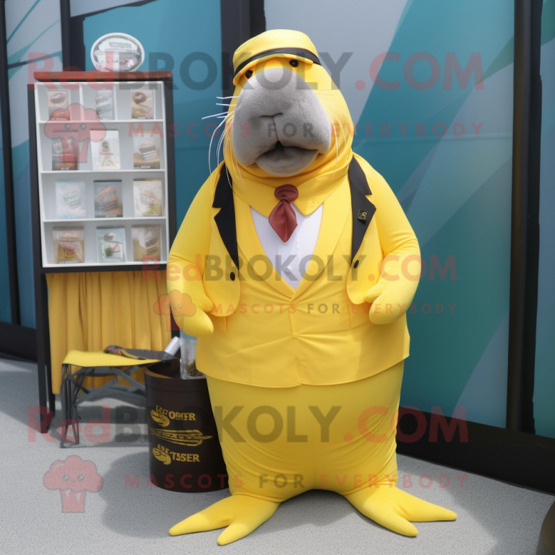 Lemon Yellow Walrus mascot costume character dressed with a Vest and Pocket squares