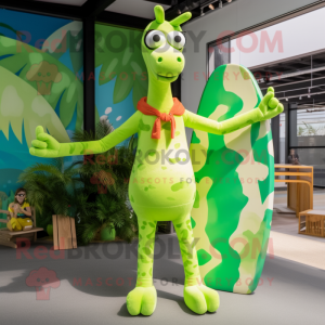 Lime Green Giraffe mascot costume character dressed with a Board Shorts and Clutch bags