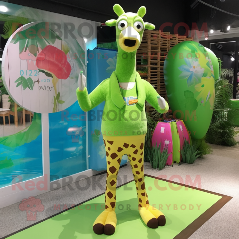 Lime Green Giraffe mascot costume character dressed with a Board Shorts and Clutch bags