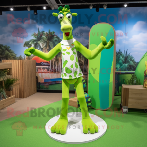 Lime Green Giraffe mascot costume character dressed with a Board Shorts and Clutch bags