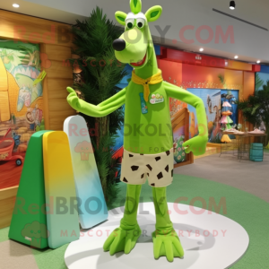 Lime Green Giraffe mascot costume character dressed with a Board Shorts and Clutch bags