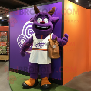Purple Goulash mascot costume character dressed with a Cargo Shorts and Tote bags