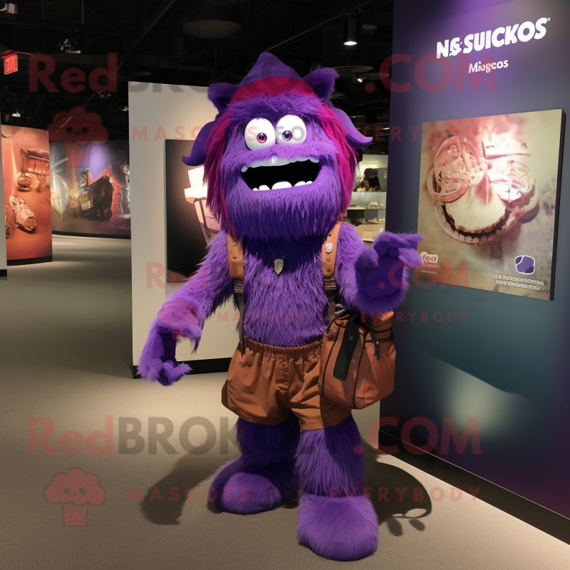 Purple Goulash mascot costume character dressed with a Cargo Shorts and Tote bags