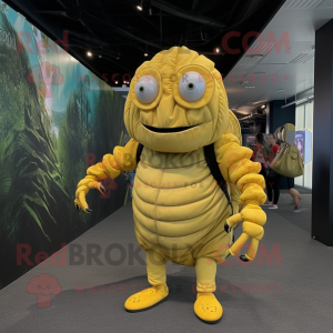 Yellow Trilobite mascot costume character dressed with a Romper and Messenger bags