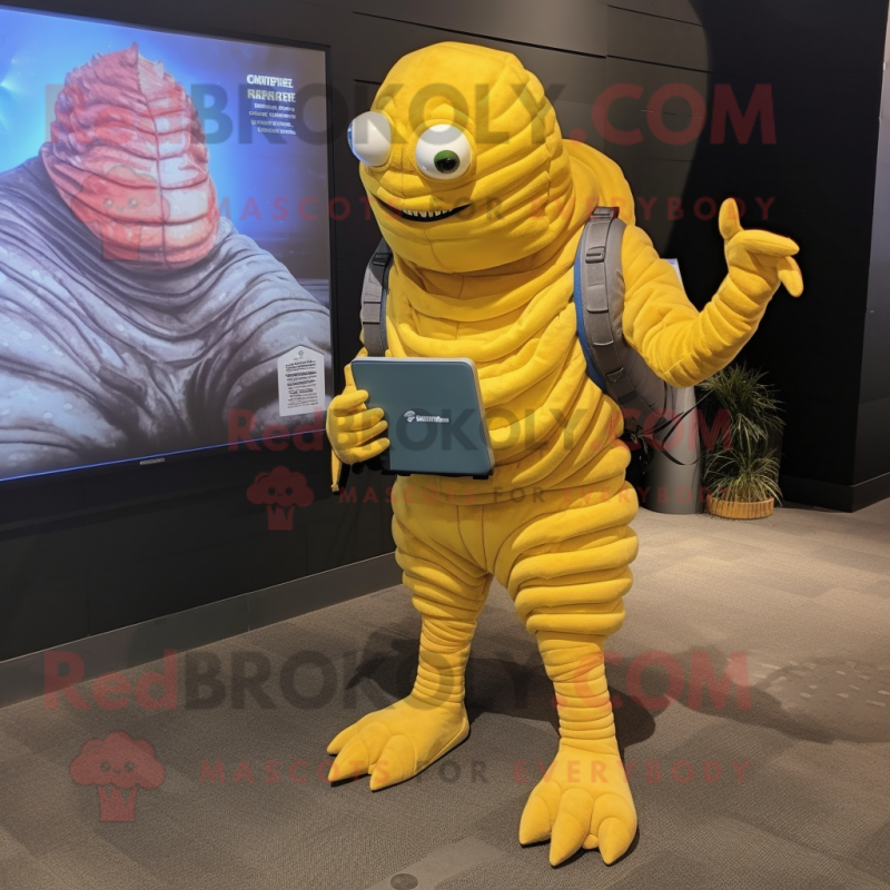 Yellow Trilobite mascot costume character dressed with a Romper and Messenger bags