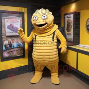 Yellow Trilobite mascot costume character dressed with a Romper and Messenger bags