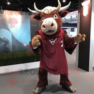 Maroon Bull mascot costume character dressed with a Romper and Scarves