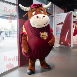 Maroon Bull mascot costume character dressed with a Romper and Scarves