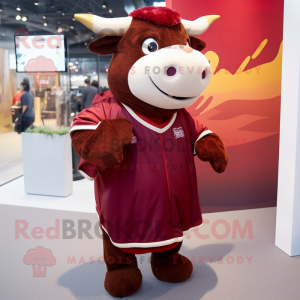 Maroon Bull mascot costume character dressed with a Romper and Scarves