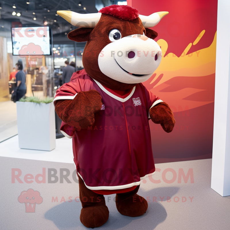 Maroon Bull mascot costume character dressed with a Romper and Scarves Maroon Bull mascot costume character dressed with a Romper and Scarves