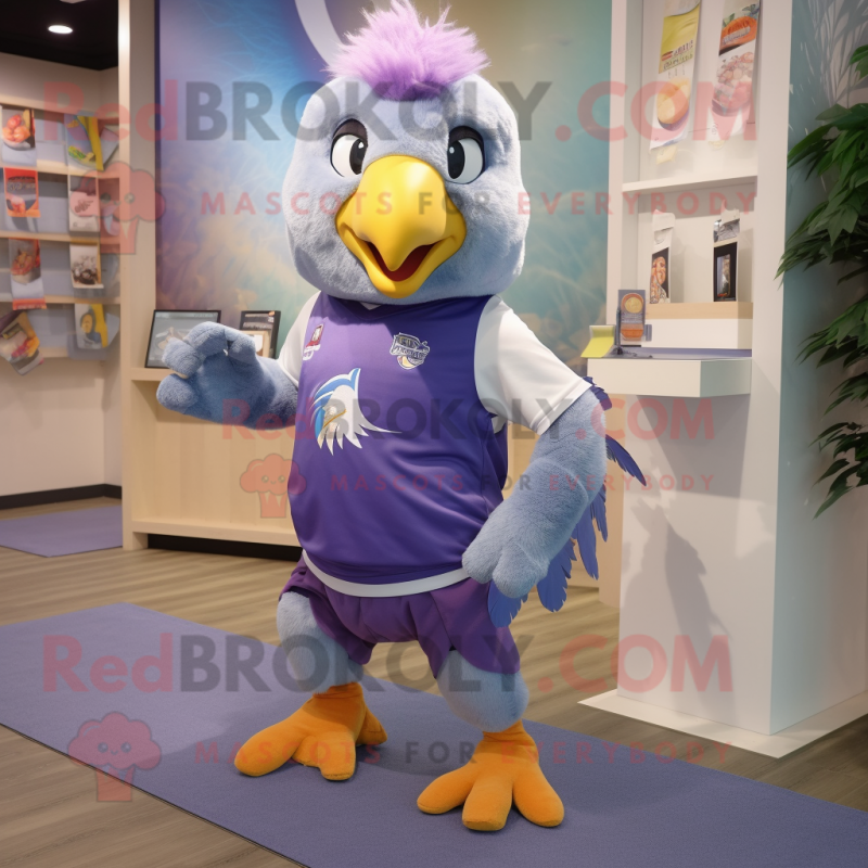 Lavender Parrot mascot costume character dressed with a Running Shorts and Keychains