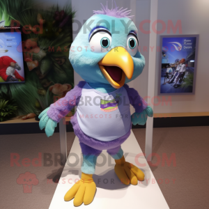 Lavender Parrot mascot costume character dressed with a Running Shorts and Keychains