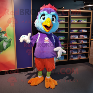 Lavender Parrot mascot costume character dressed with a Running Shorts and Keychains